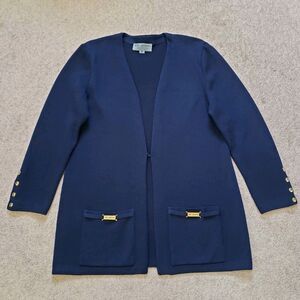 Vintage St. John By Marie Gray Knit Cardigan Sweater Open Navy Blue Size Med